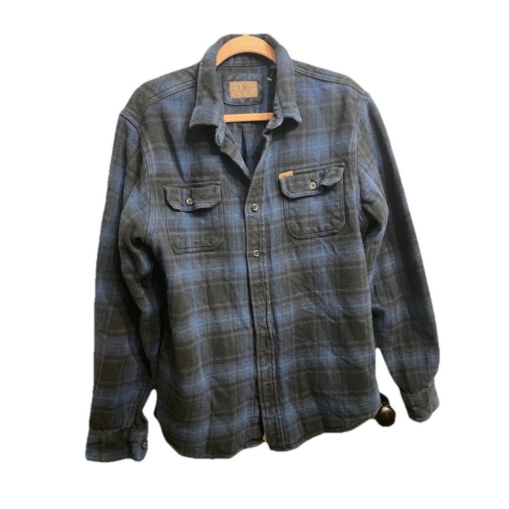 Orvis Men Blue Black Plaid Flannel Button Down Shirt Long Sleeve Cotton Large